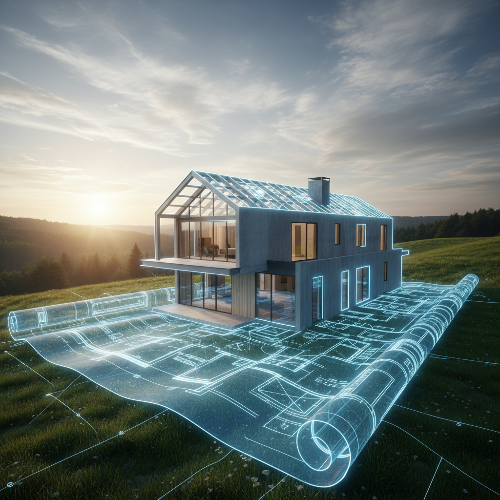 New house emerging from architectural blueprint